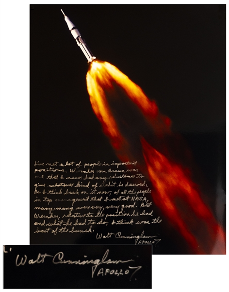 Walter Cunningham Signed 16'' x 20'' Photo With Personal Message Honoring Wernher von Braun -- ''Wernher von Braun was one that I never had any reluctance to give whatever kind of credit he deserved''